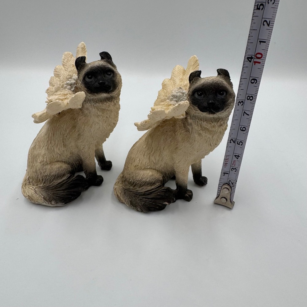 Siamese Cat Angel Figurines Set of 2 Tan Black Resin Memorial Decor - Picture 7 of 7